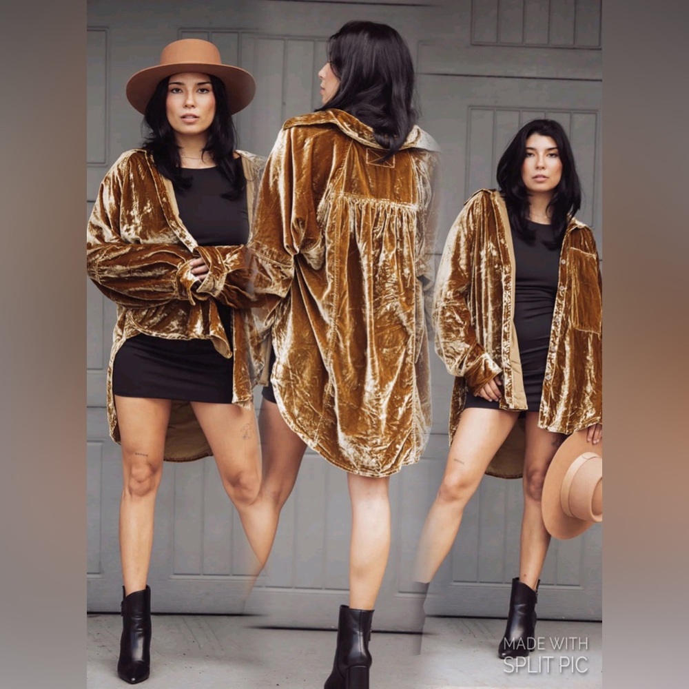 NEW! FREE PEOPLE NIGHT SKIES VELVET BUTTON UP LONG SLEEVE - GOLD
